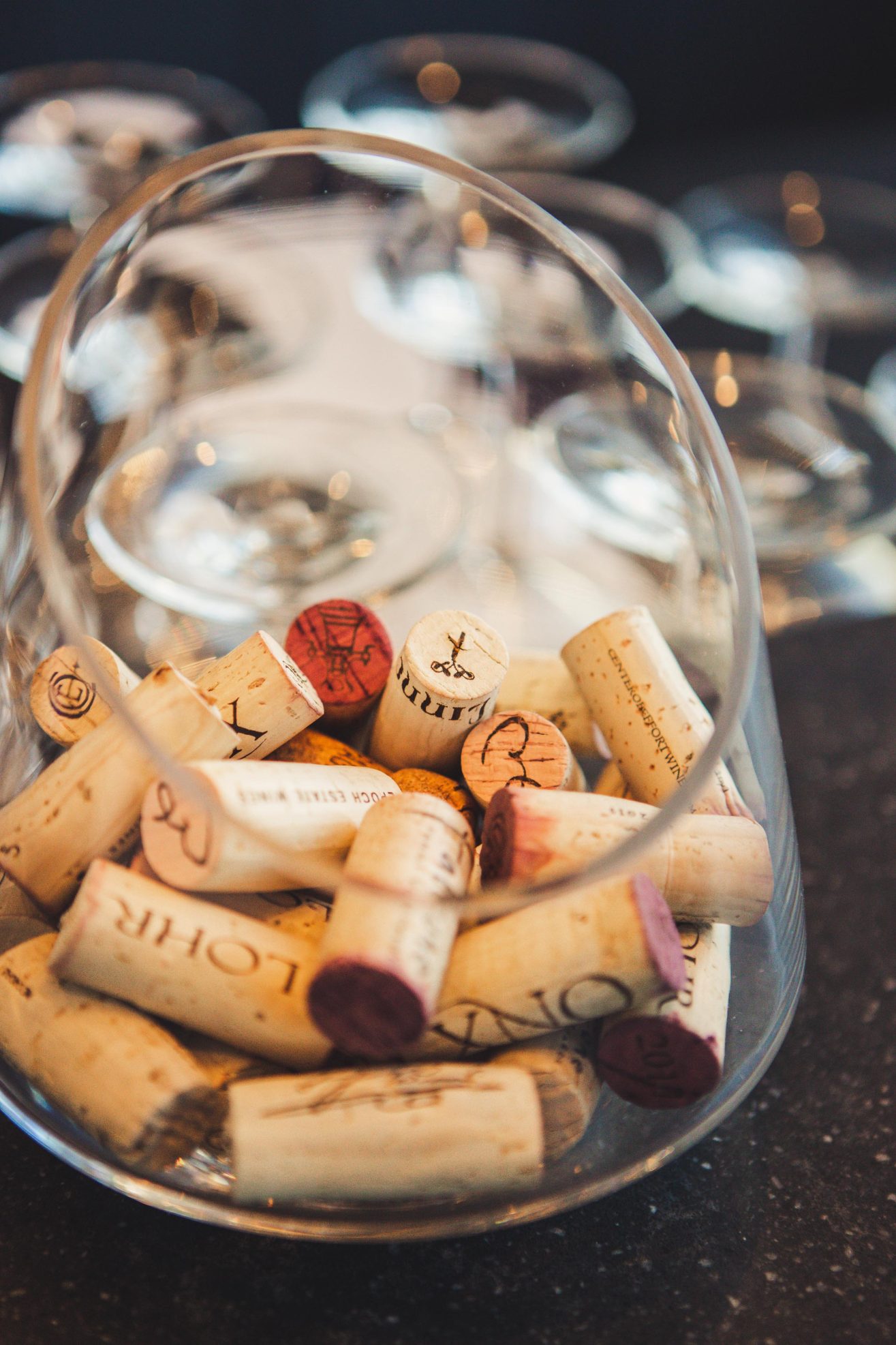 A glass jar with wine corks.