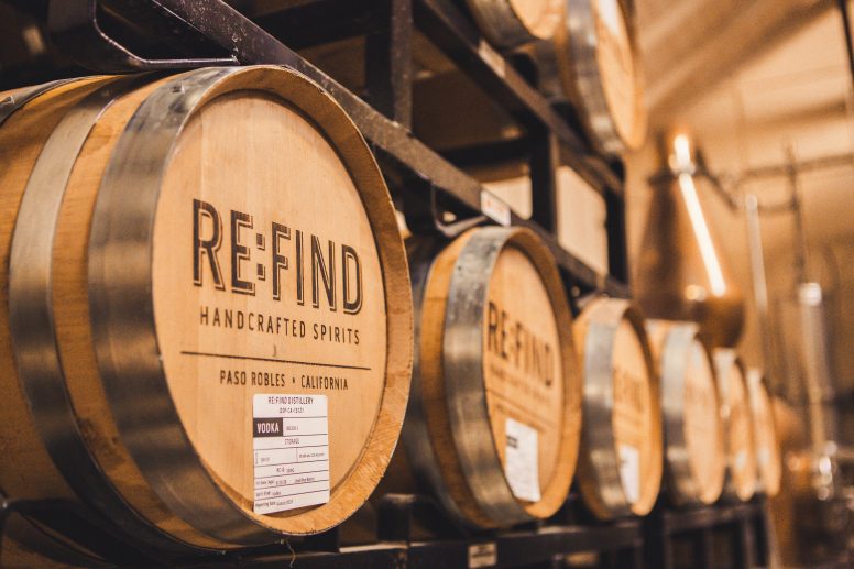 Wooden liquor barrels on a rack