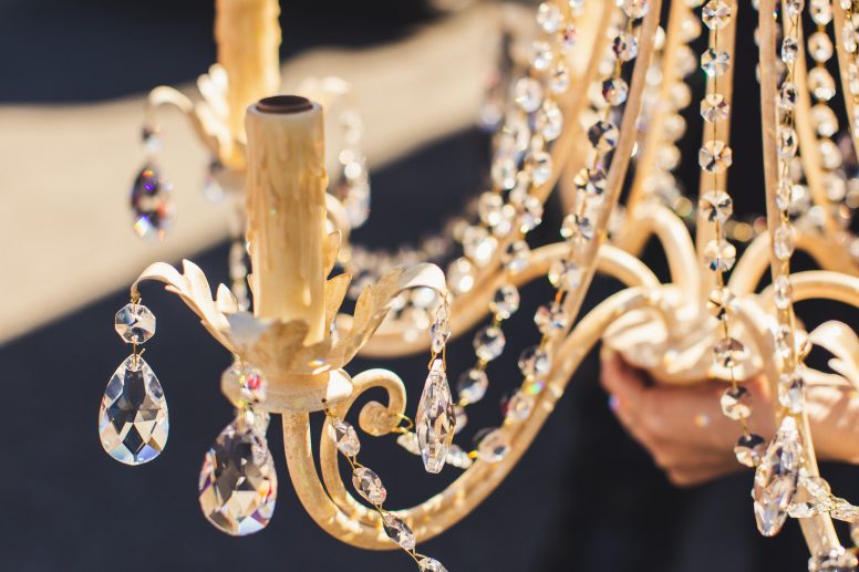 A close-up image of a crystal chandelier.